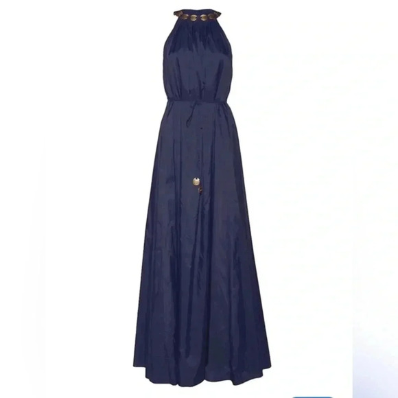 STAUD NWT Navy Halter Neck Benoit Maxi Dress with Golden Medallion, Sz Medium - Picture 1 of 4